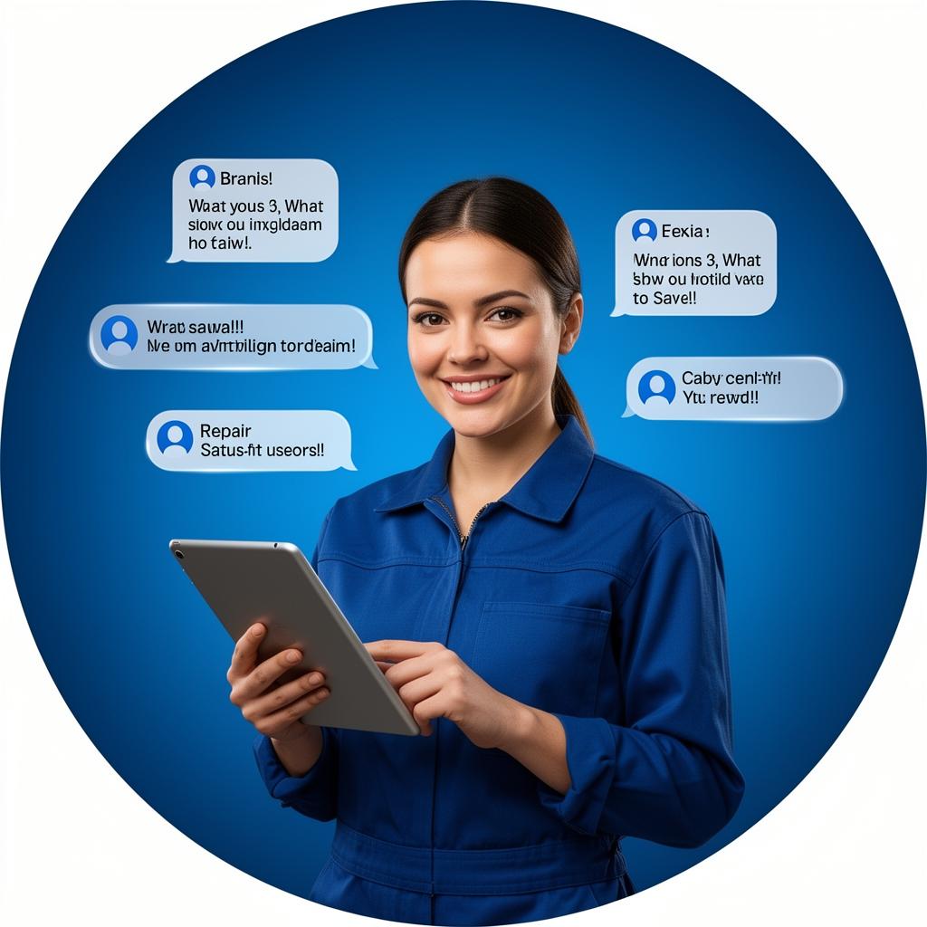 Auto body technician using DentDeskAI tablet with customer status text bubbles